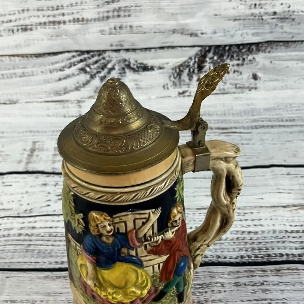 Vintage Ceramic German Beer Stein Swiss Music Box 9.5” Tall Working
